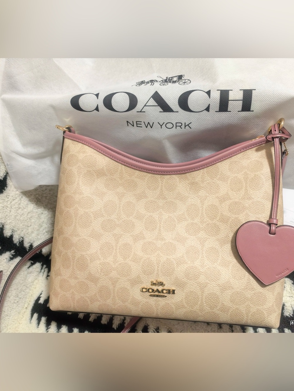 Coach Beige Signature Shoulder Bag with Pink Trim